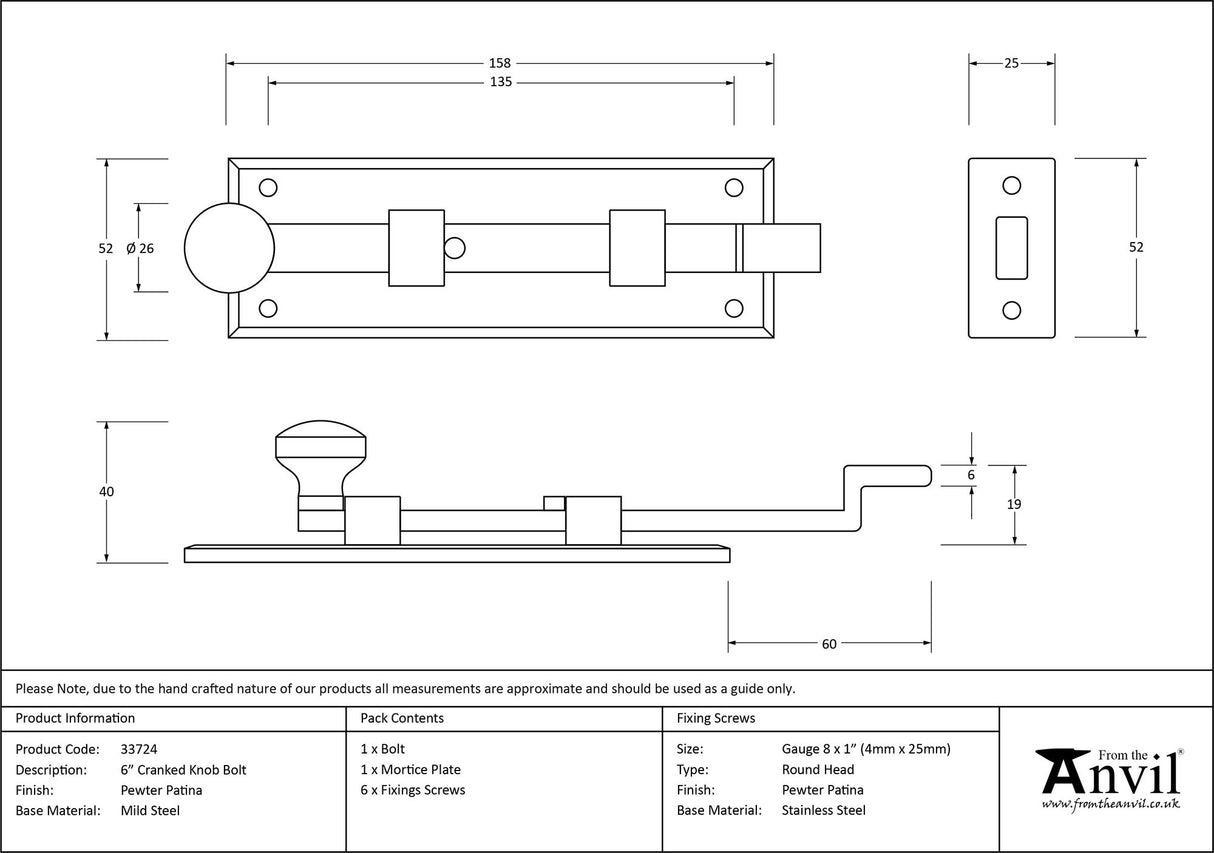 From The Anvil - Pewter 6" Cranked Knob Bolt | Sku. 33724 | Trade Door Handles.