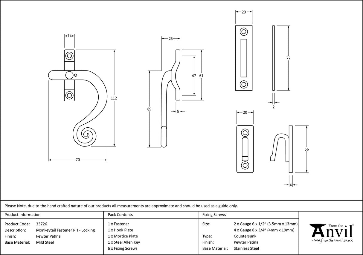From The Anvil - Pewter Locking Monkeytail Fastener - RH | Sku. 33726 | Trade Door Handles.
