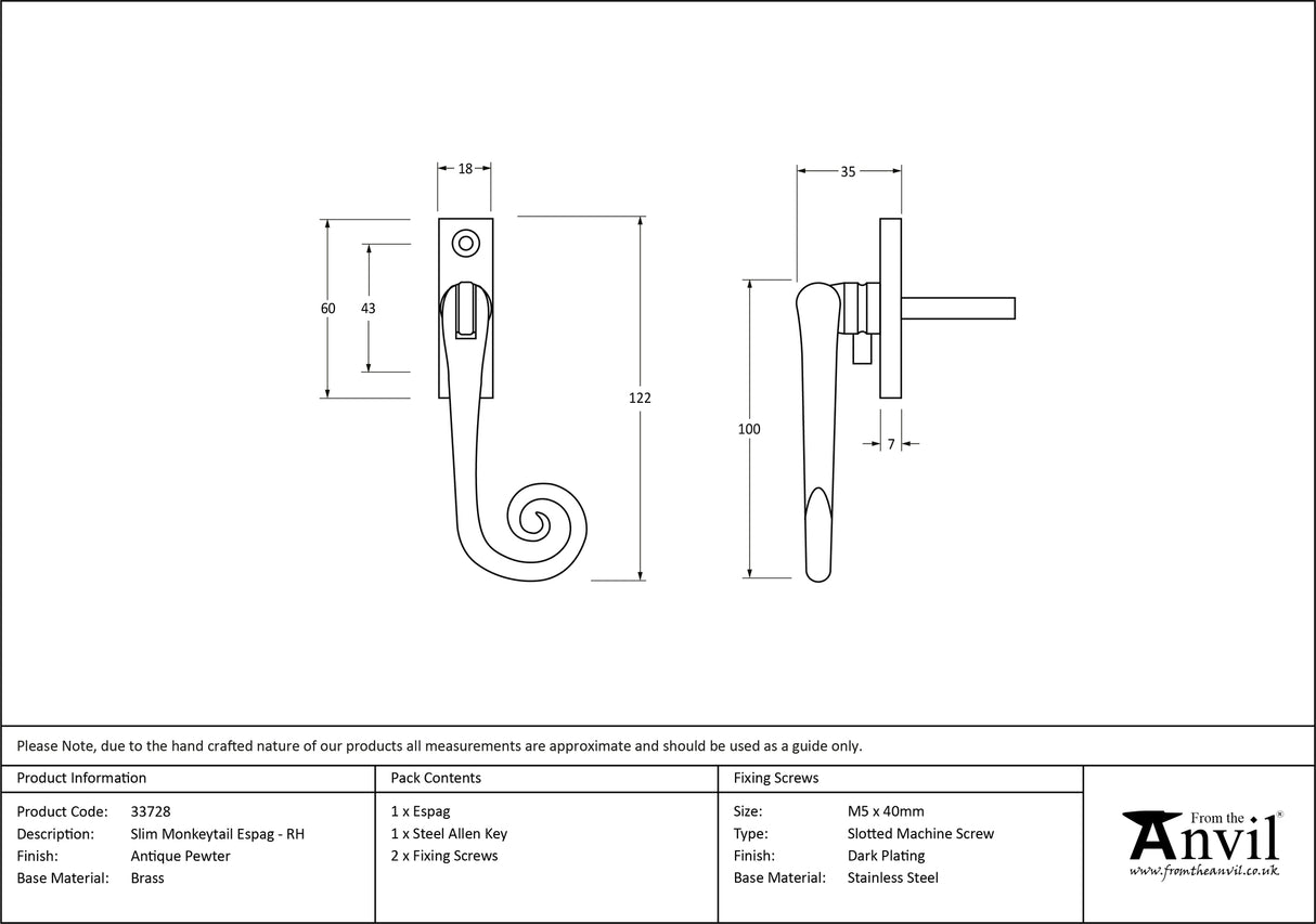 From The Anvil - Antique Pewter Slim Monkeytail Espag - RH | Sku. 33728 | Trade Door Handles.