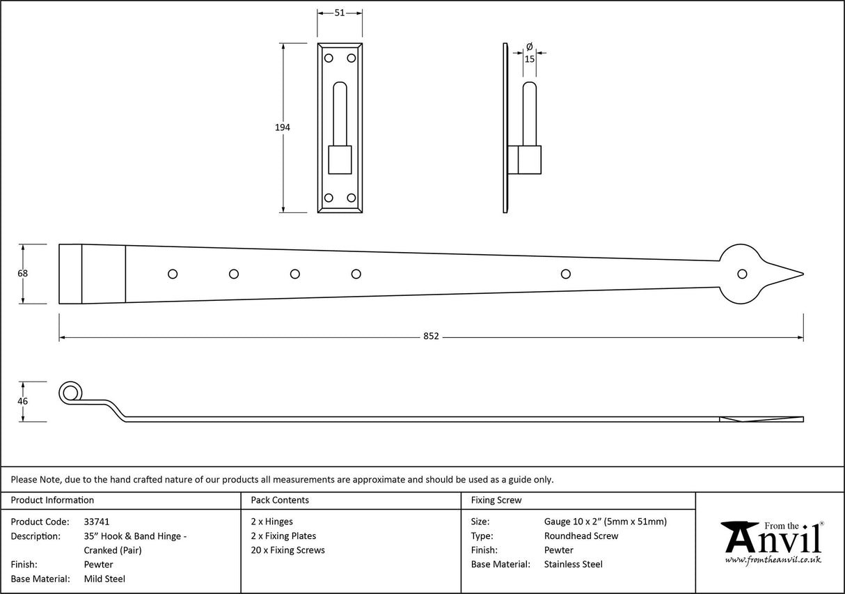 From The Anvil - Pewter 35" Hook & Band Hinge - Cranked (pair) | Sku. 33741 | Trade Door Handles.