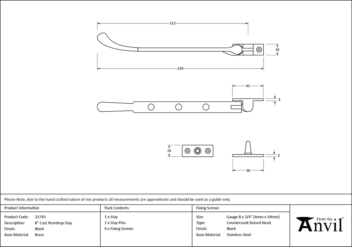 From The Anvil - Black 8" Cast Peardrop Stay | Sku. 33743 | Trade Door Handles.