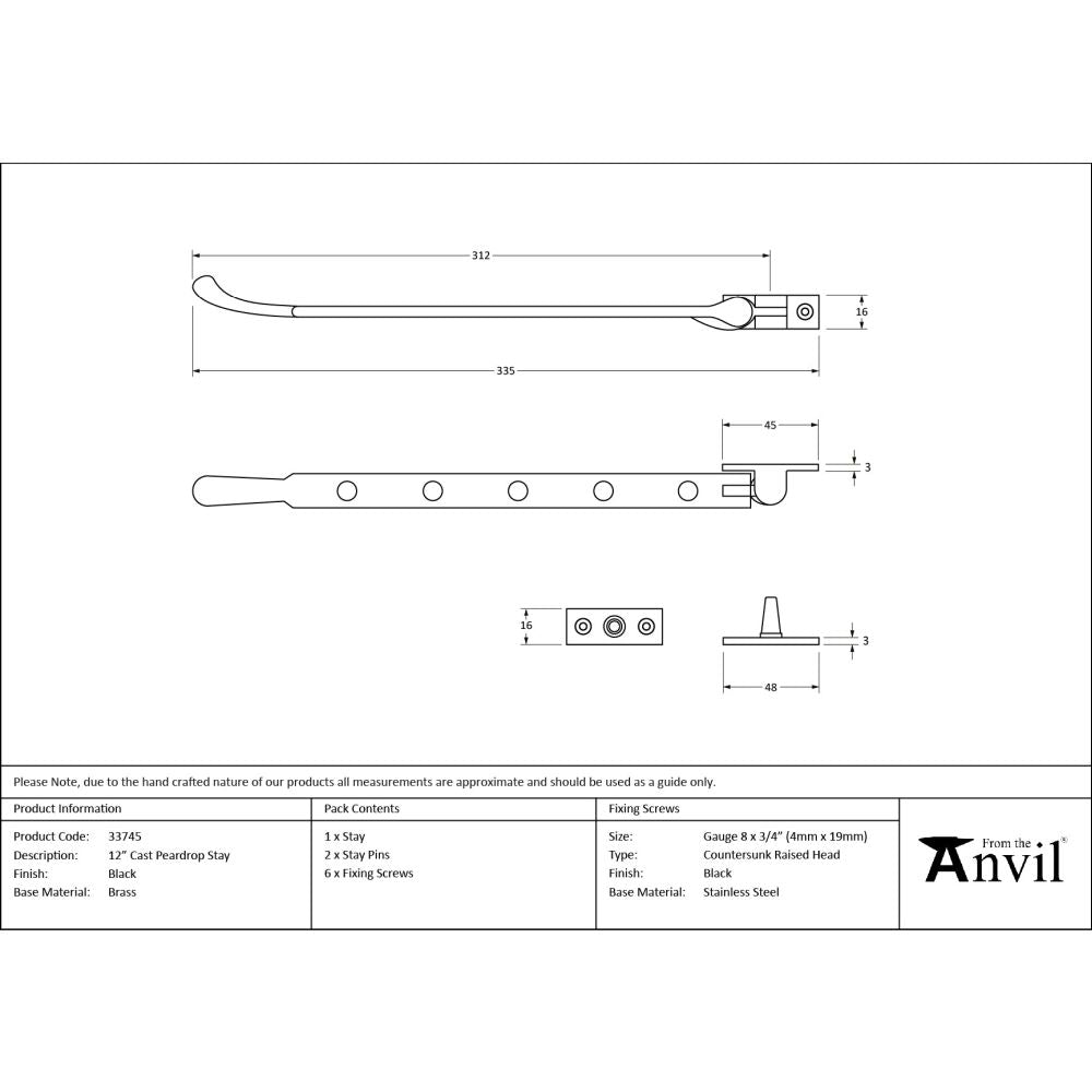From The Anvil - Black 12" Cast Peardrop Stay | Sku. 33745 | Trade Door Handles.