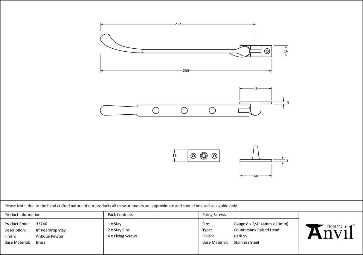 From The Anvil - Antique Pewter 8" Peardrop Stay | Sku. 33746 | Trade Door Handles.