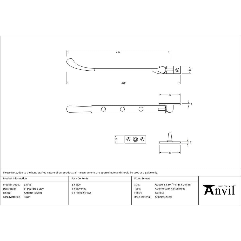 From The Anvil - Antique Pewter 8" Peardrop Stay | Sku. 33746 | Trade Door Handles.