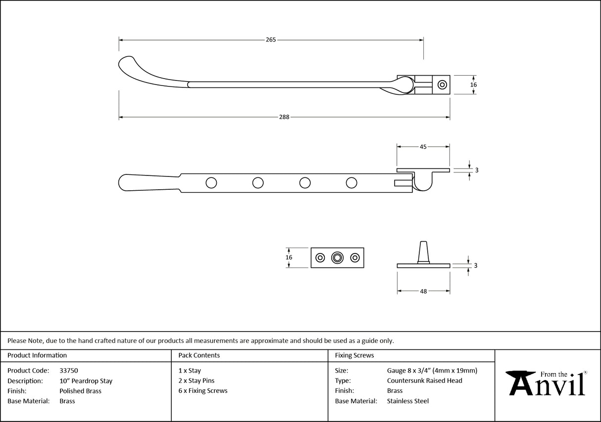 From The Anvil - Polished Brass 10" Peardrop Stay | Sku. 33750 | Trade Door Handles.