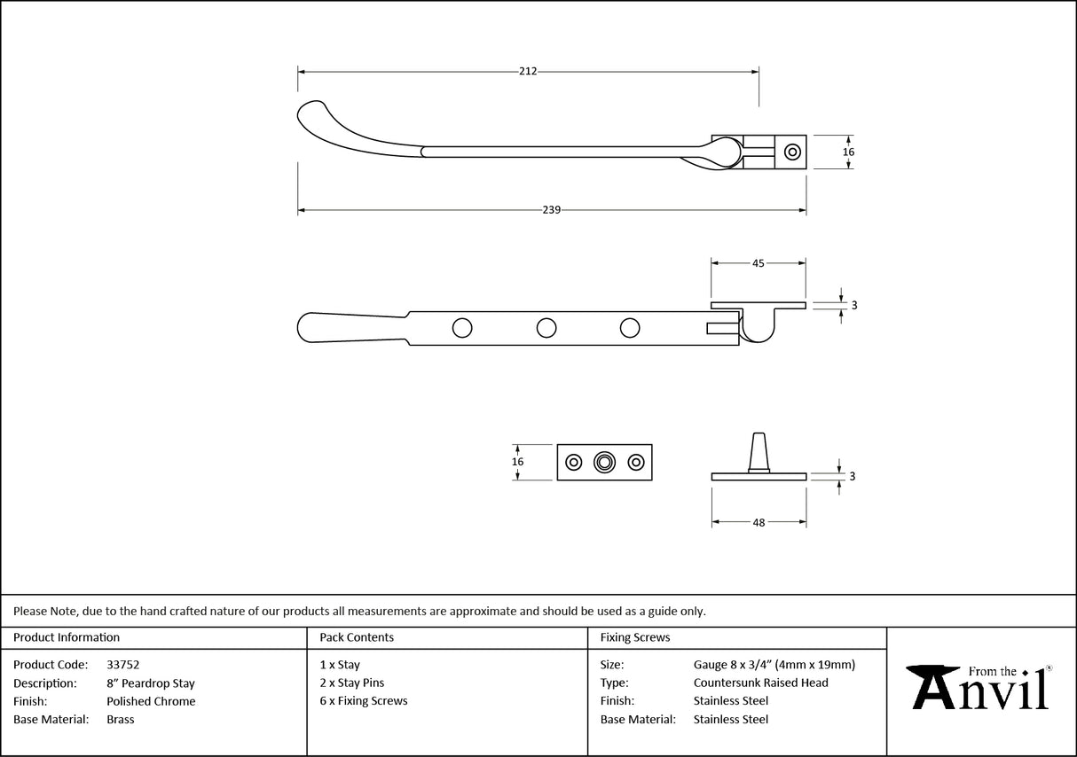 From The Anvil - Polished Chrome 8" Peardrop Stay | Sku. 33752 | Trade Door Handles.