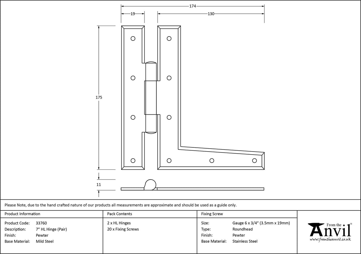 From The Anvil - Pewter 7" HL Hinge (pair) | Sku. 33760 | Trade Door Handles.