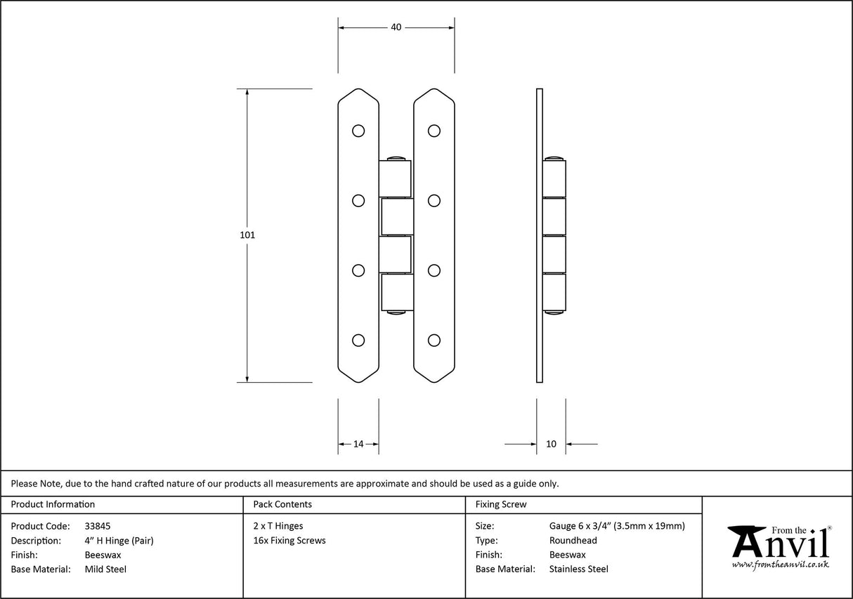 From The Anvil - Beeswax 4" H Hinge (pair) | Sku. 33845 | Trade Door Handles.