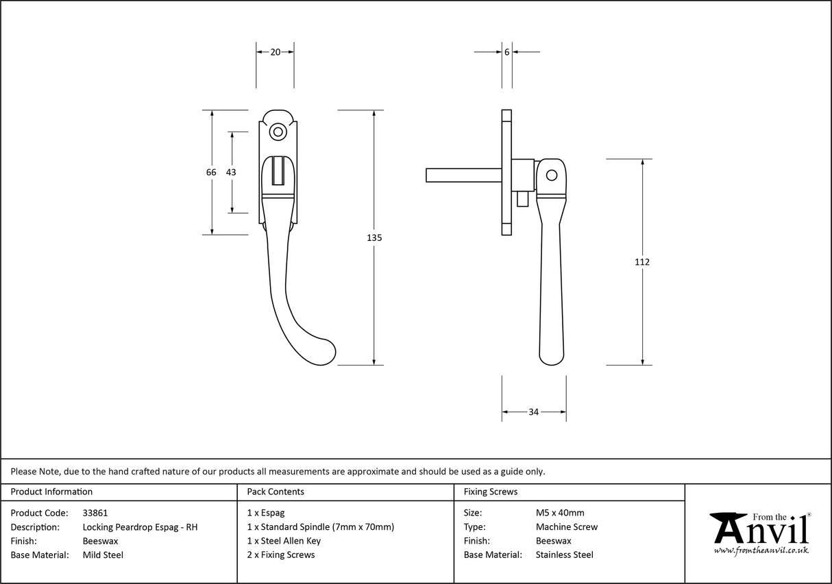 From The Anvil - Beeswax Locking Peardrop Espag - RH | Sku. 33861 | Trade Door Handles.