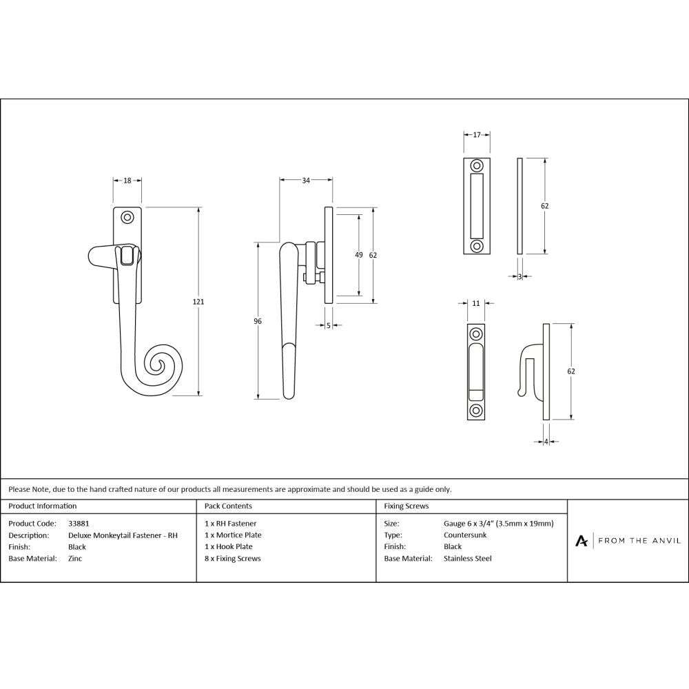 From The Anvil - Black Locking Deluxe Monkeytail Fastener - RH | Sku. 33881 | Trade Door Handles.