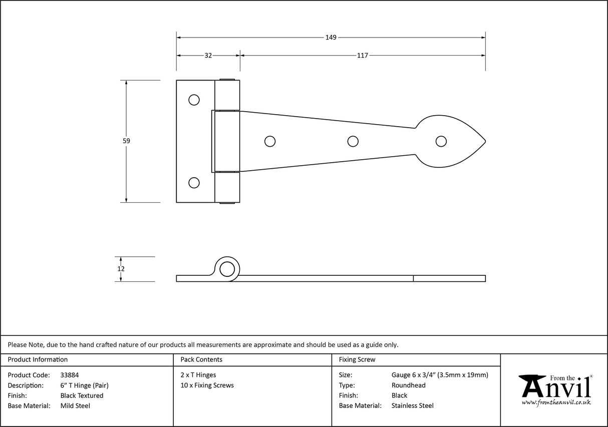 From The Anvil - Black Textured 6" Cast T Hinge (pair) | Sku. 33884 | Trade Door Handles.