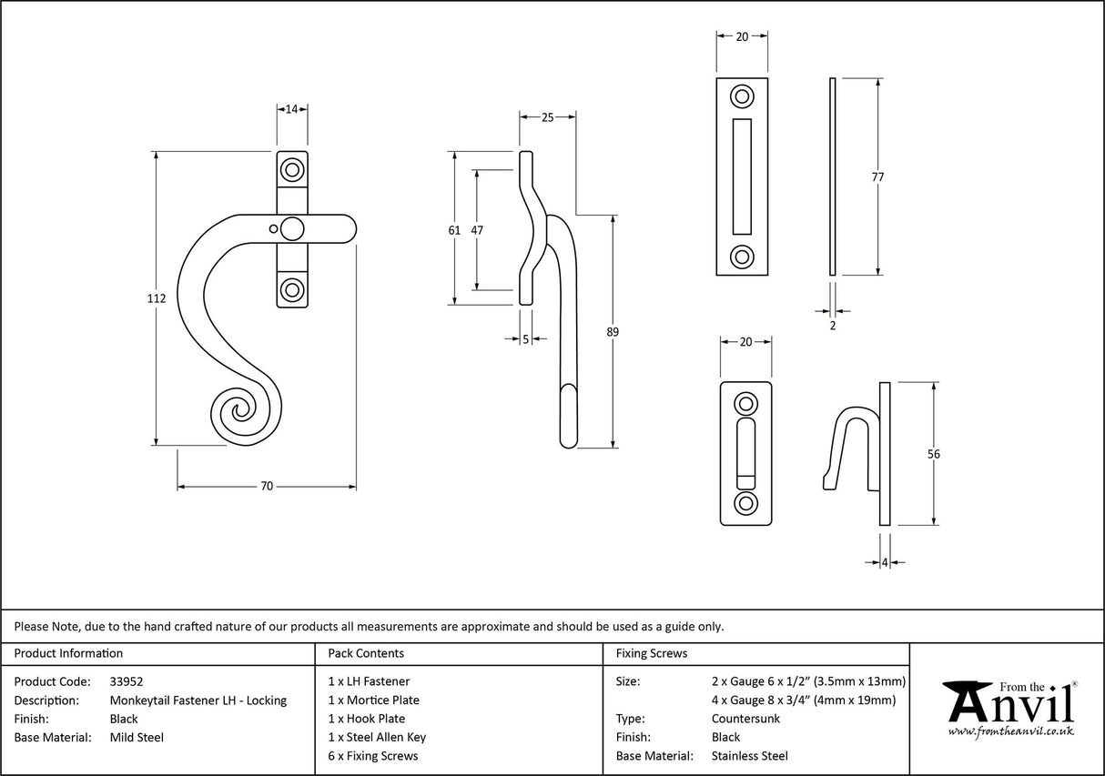 From The Anvil - Black Locking Monkeytail Fastener - LH | Sku. 33952 | Trade Door Handles.