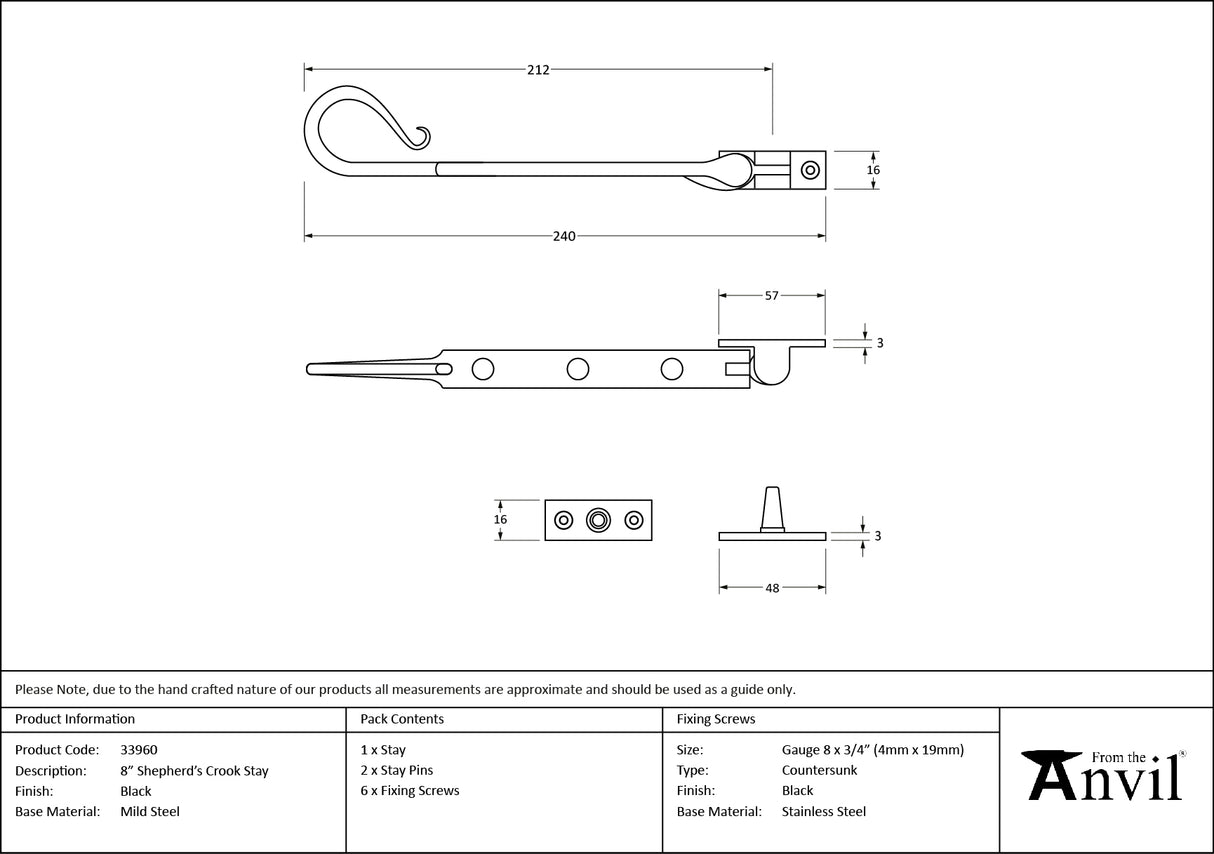 From The Anvil - Black 8" Shepherd's Crook Stay | Sku. 33960 | Trade Door Handles.