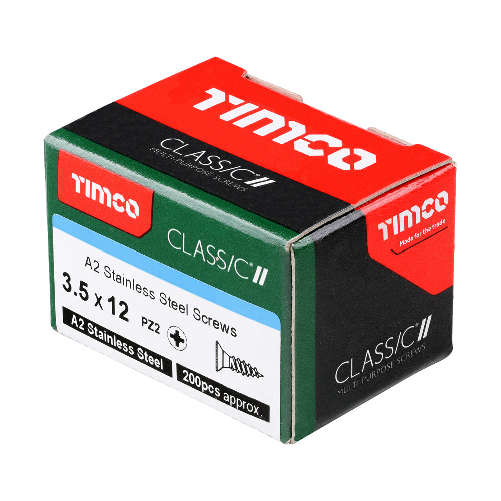 This is an image of Timco - Classic Multi-Purpose Screws - PZ - Double Countersunk - A2 Stainless Steel 3.5 x 12mm - (200 PCS Box) 35012CLASS