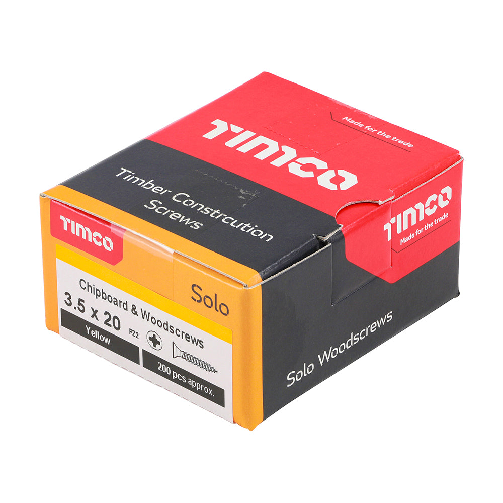 This is an image of Timco - Solo Chipboard & Woodscrews - PZ - Double Countersunk - Yellow 3.5 x 20mm - (200 PCS Box) 35020SOLOC