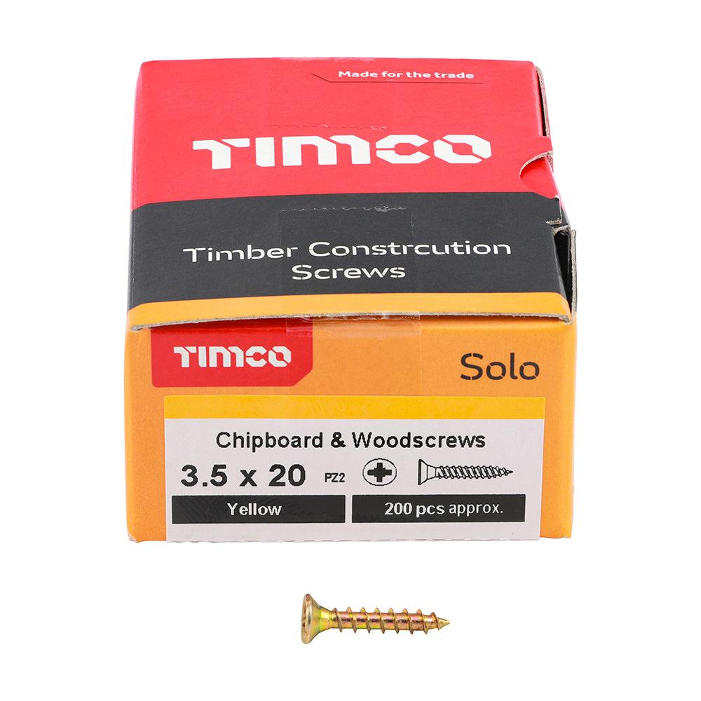 This is an image of Timco - Solo Chipboard & Woodscrews - PZ - Double Countersunk - Yellow 3.5 x 20mm - (200 PCS Box) 35020SOLOC