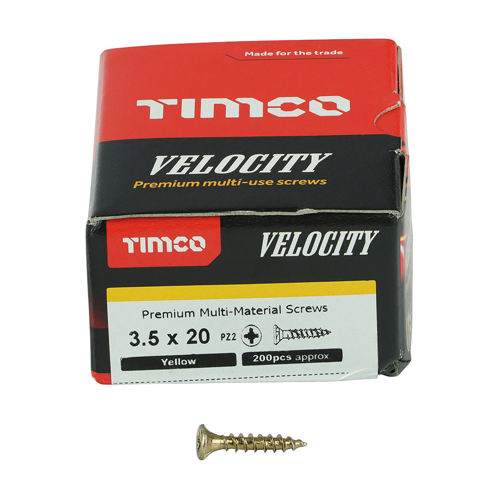 This is an image of Timco - Velocity Premium Multi-Use Screws - PZ - Double Countersunk - Yellow 3.5 x 20mm - (200 PCS Box) 35020VY