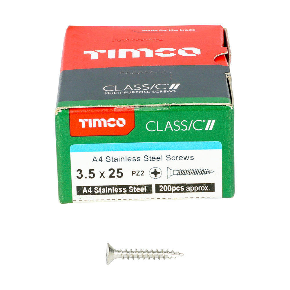This is an image of Timco - Classic Multi-Purpose Screws - PZ - Double Countersunk - A4 Stainless Steel 3.5 x 25mm - (200 PCS Box) 35025CLA4