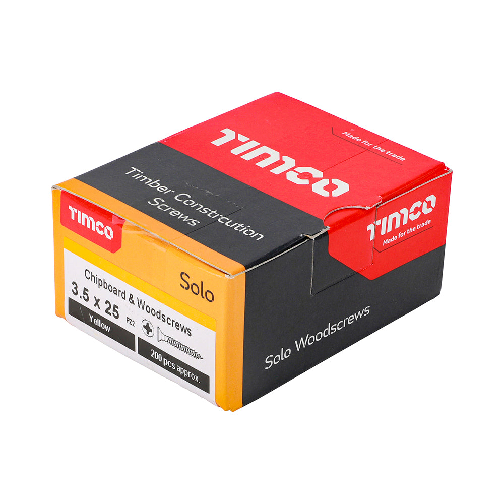 This is an image of Timco - Solo Chipboard & Woodscrews - PZ - Double Countersunk - Yellow 3.5 x 25mm - (200 PCS Box) 35025SOLOC