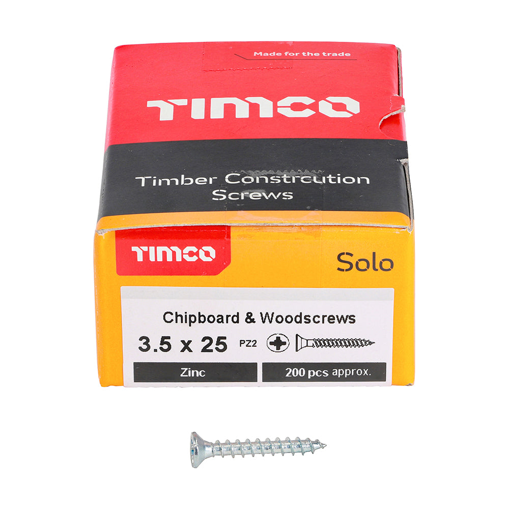 This is an image of Timco - Solo Chipboard & Woodscrews - PZ - Double Countersunk - Zinc 3.5 x 25mm - (200 PCS Box) 35025SOLOZ