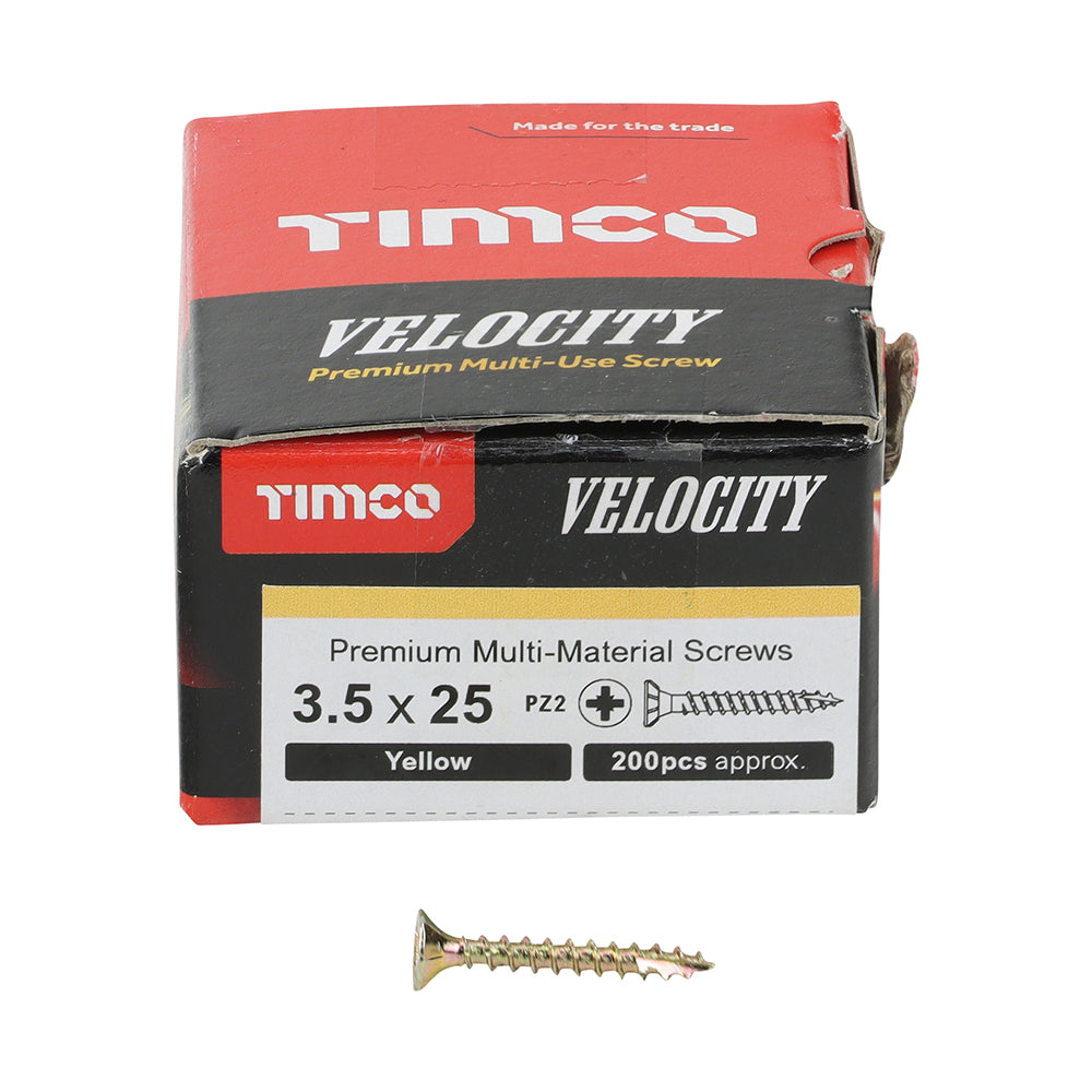 This is an image of Timco - Velocity Premium Multi-Use Screws - PZ - Double Countersunk - Yellow 3.5 x 25mm - (200 PCS Box) 35025VY