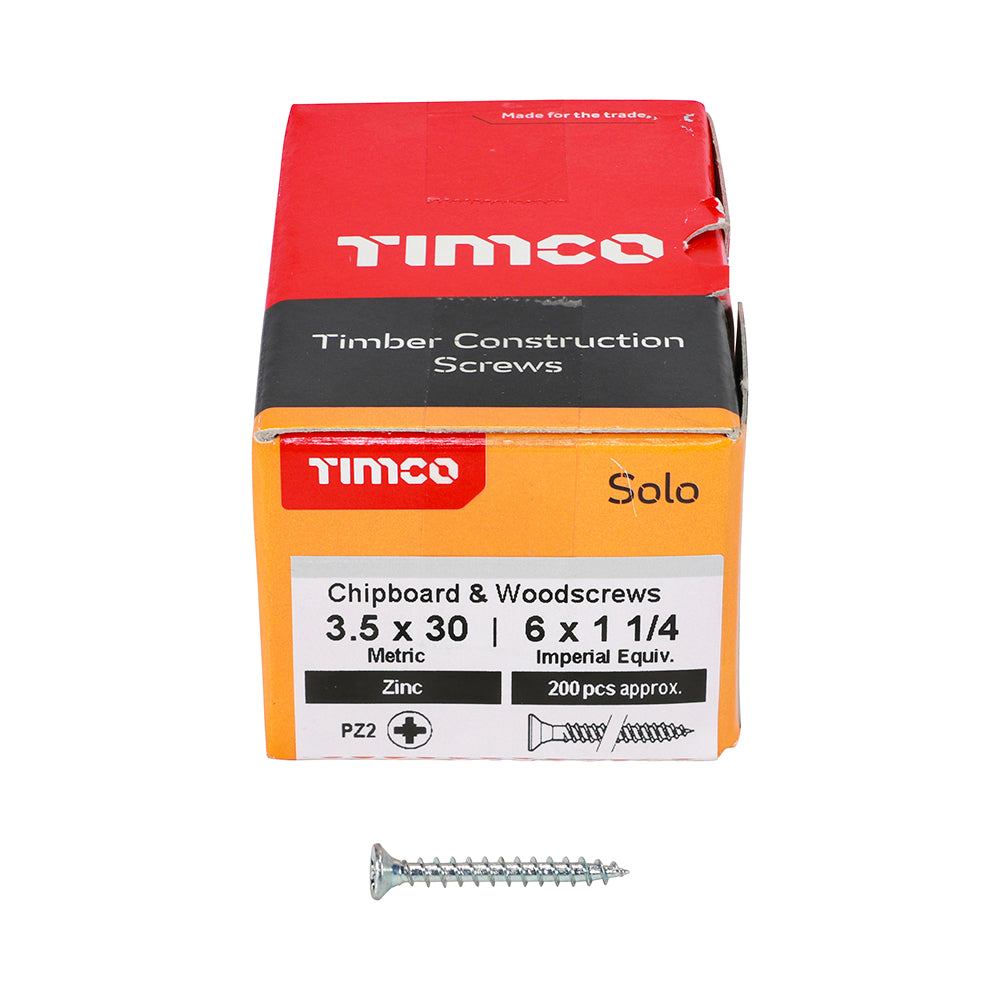 This is an image of Timco - Solo Chipboard & Woodscrews - PZ - Double Countersunk - Zinc 3.5 x 30mm - (200 PCS Box) 35030SOLOZ