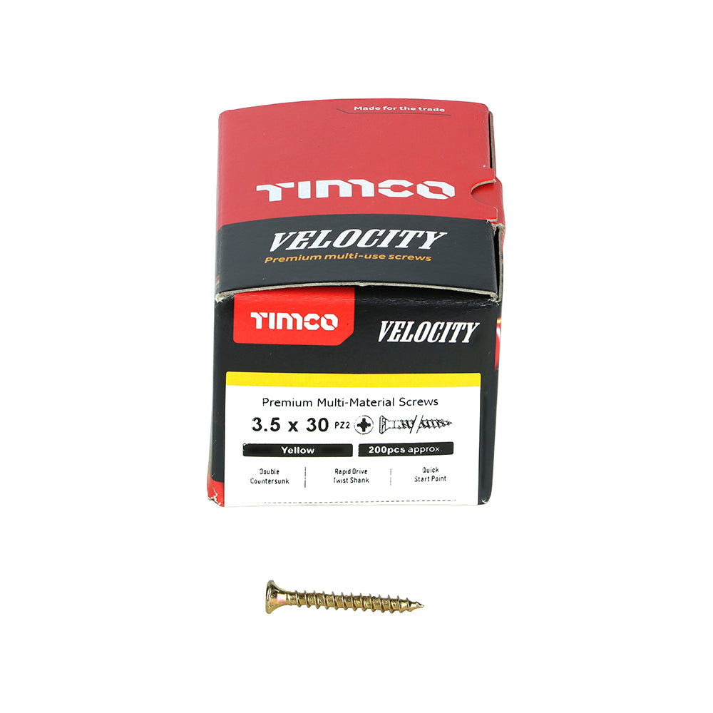 This is an image of Timco - Velocity Premium Multi-Use Screws - PZ - Double Countersunk - Yellow 3.5 x 30mm - (200 PCS Box) 35030VY