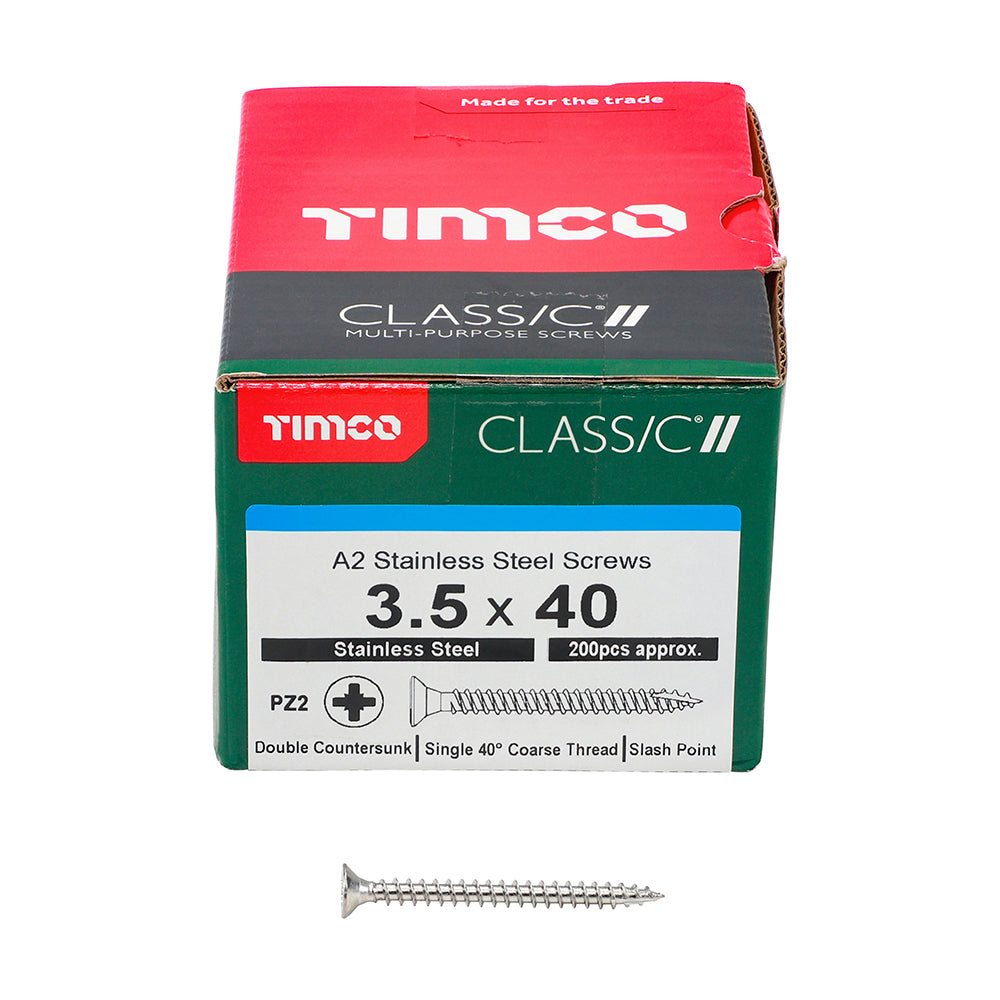 This is an image of Timco - Classic Multi-Purpose Screws - PZ - Double Countersunk - A2 Stainless Steel 3.5 x 40mm - (200 PCS Box) 35040CLASS