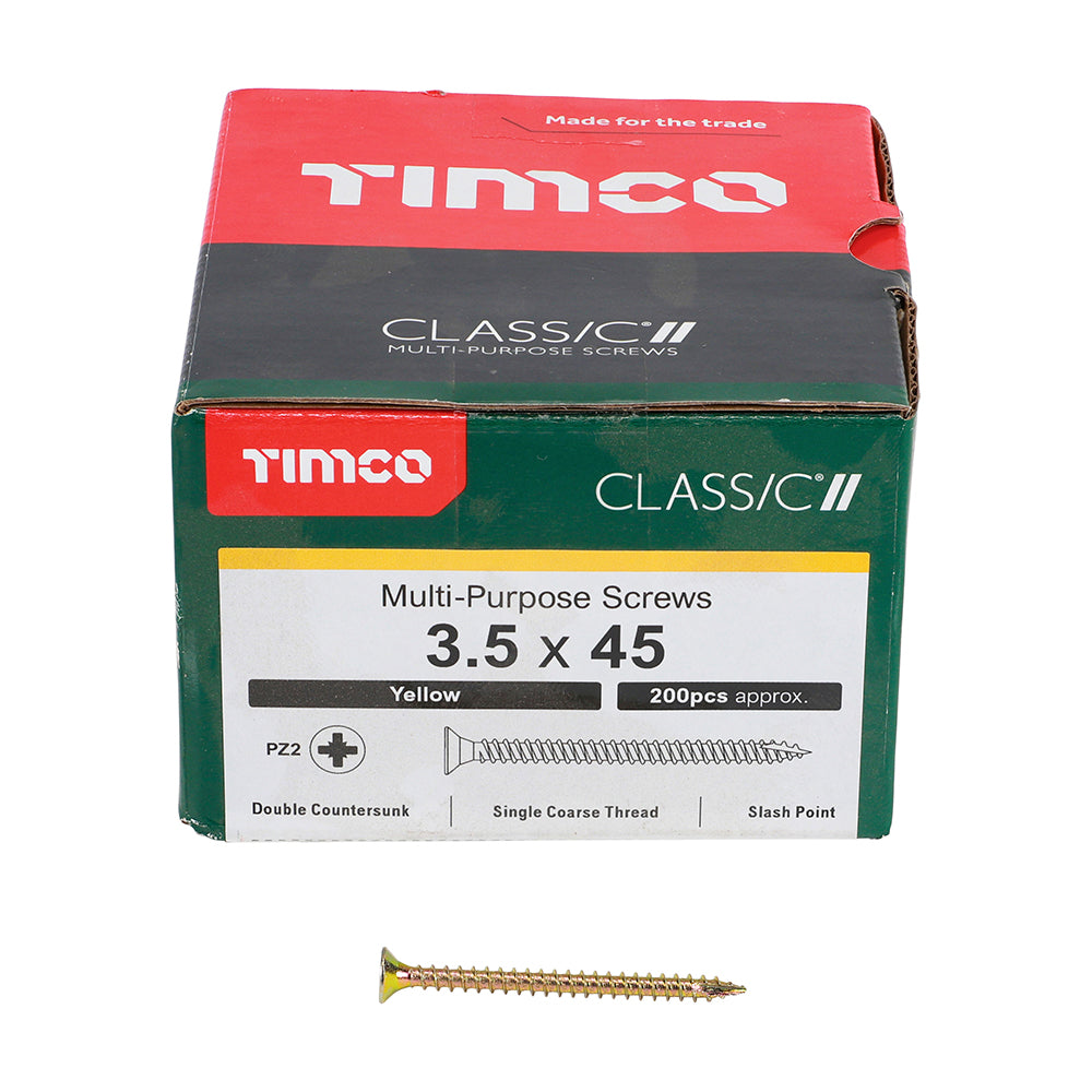 This is an image of Timco - Classic Multi-Purpose Screws - PZ - Double Countersunk - Yellow 3.5 x 45mm - (200 PCS Box) 35045CLAF