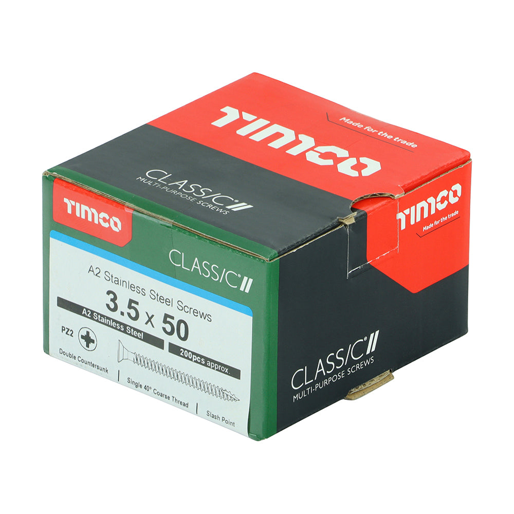 This is an image of Timco - Classic Multi-Purpose Screws - PZ - Double Countersunk - A2 Stainless Steel 3.5 x 50mm - (200 PCS Box) 35050CLASS