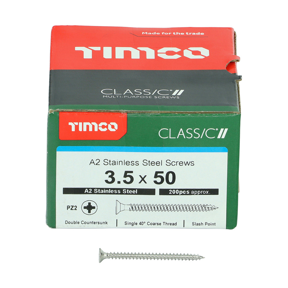 This is an image of Timco - Classic Multi-Purpose Screws - PZ - Double Countersunk - A2 Stainless Steel 3.5 x 50mm - (200 PCS Box) 35050CLASS