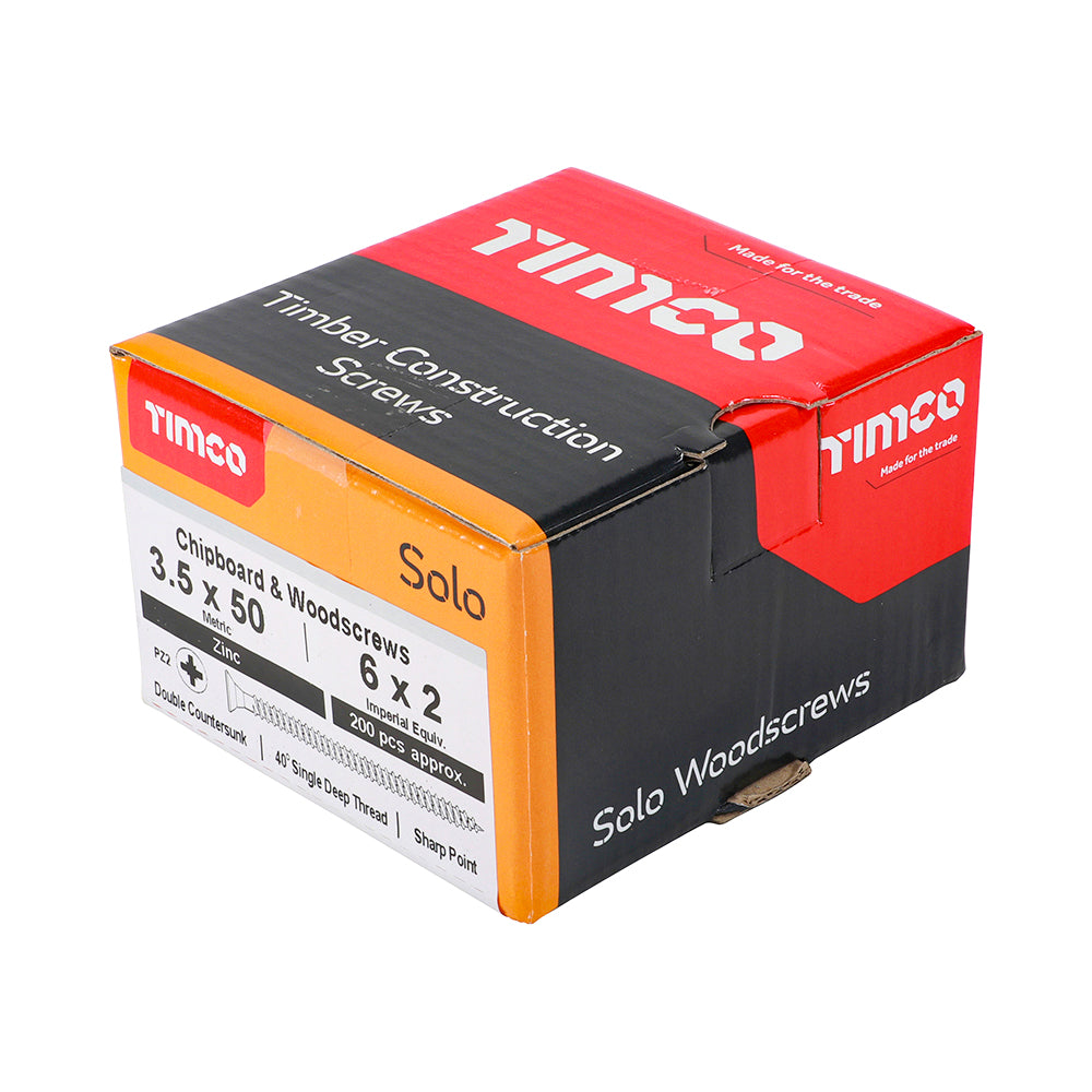 This is an image of Timco - Solo Chipboard & Woodscrews - PZ - Double Countersunk - Zinc 3.5 x 50mm - (200 PCS Box) 35050SOLOZ