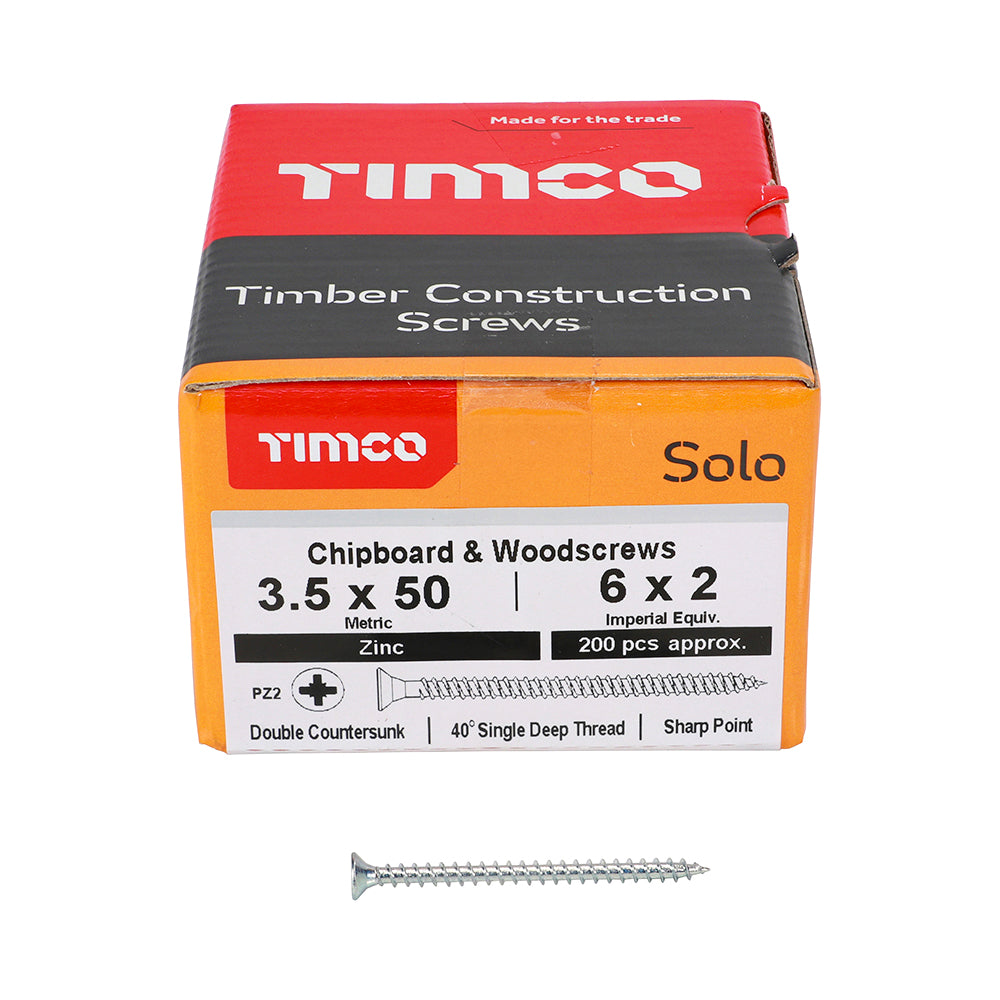 This is an image of Timco - Solo Chipboard & Woodscrews - PZ - Double Countersunk - Zinc 3.5 x 50mm - (200 PCS Box) 35050SOLOZ