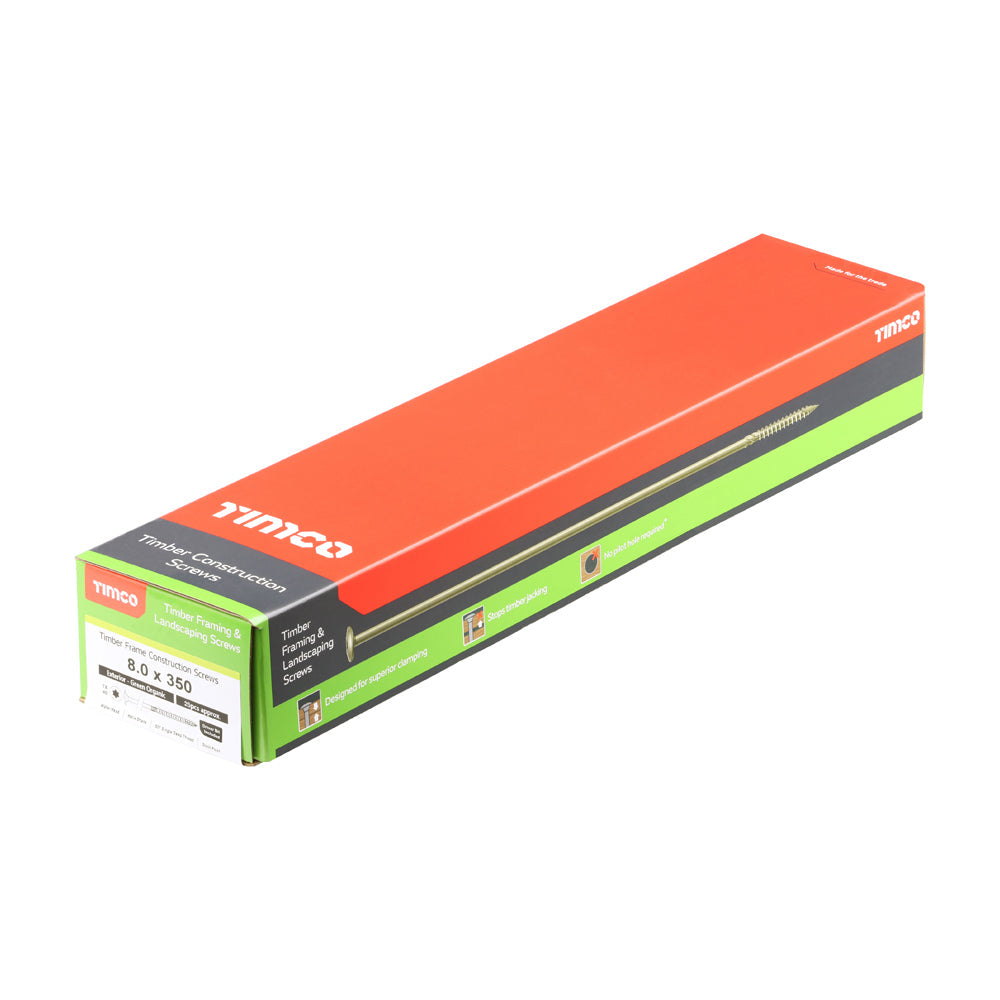 This is an image of Timco - Timber Frame Construction & Landscaping Screws - Wafer - Exterior - Green Organic 8.0 x 350mm - (25 PCS Box) 350INW