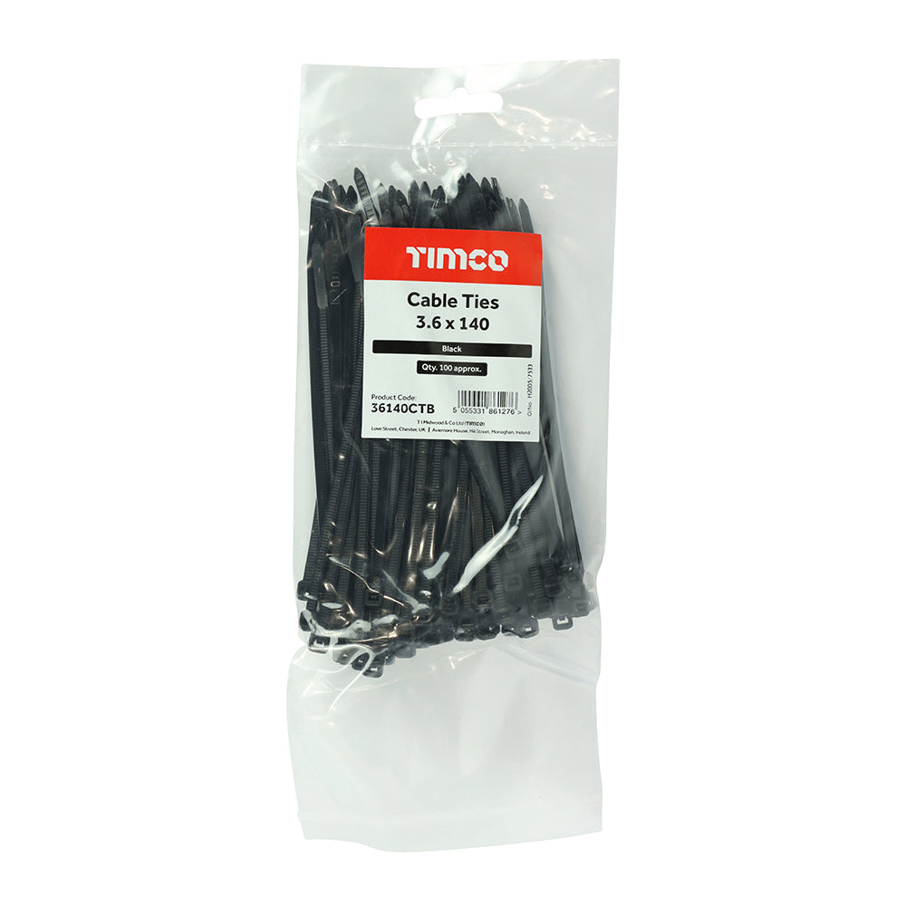 This is an image of Timco - Cable Ties - Black 3.6 x 140mm - (100 PCS Bag) 36140CTB