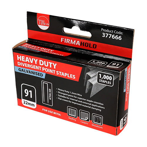 This is an image of Timco - Heavy Duty Staples - Divergent Point - Galvanised 22mm (1000 PCS Box) 377666