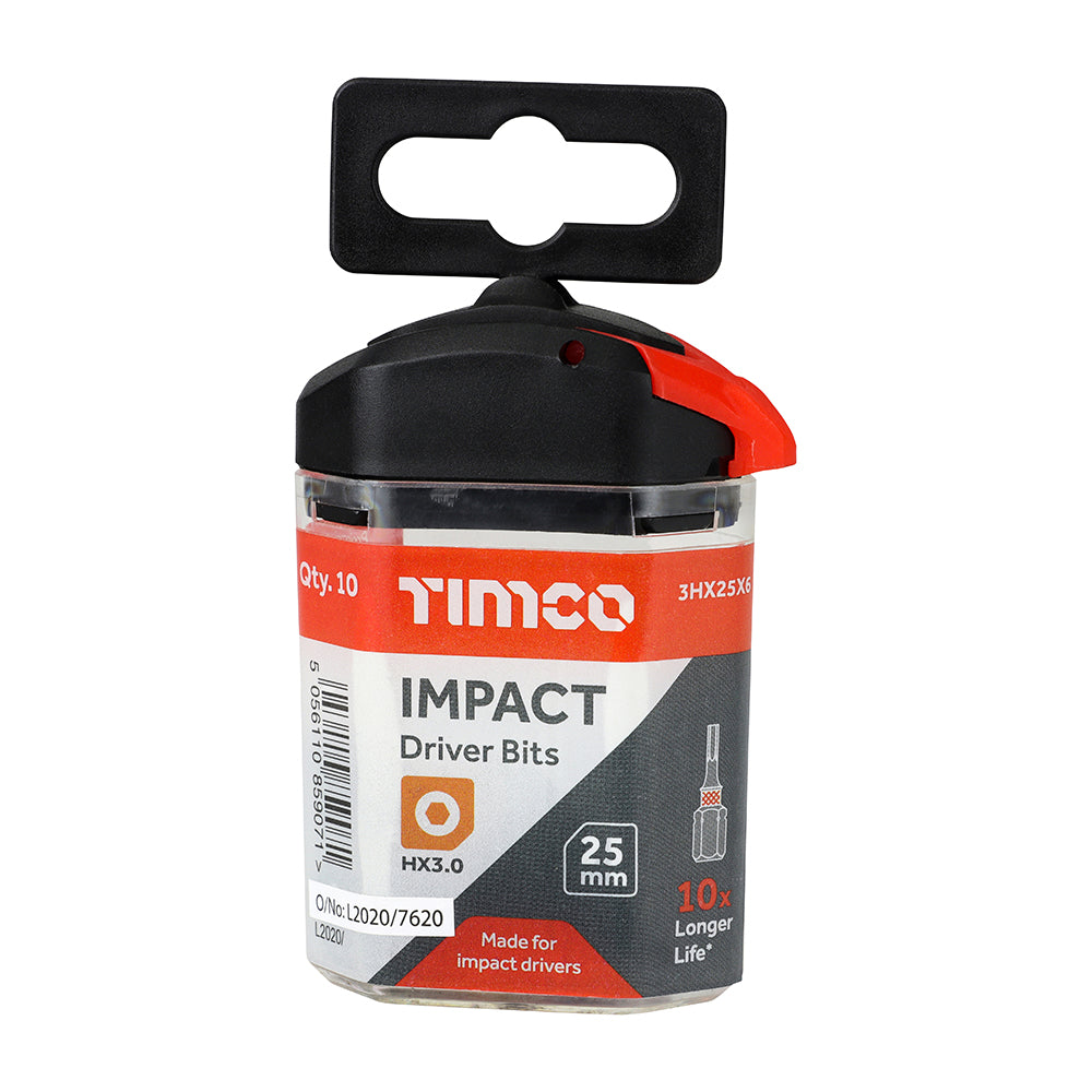 This is an image of Timco - Impact Driver Bits - Hex 3.0 x 25 (10 Pieces Handy Bit Pack) 3HX25X6