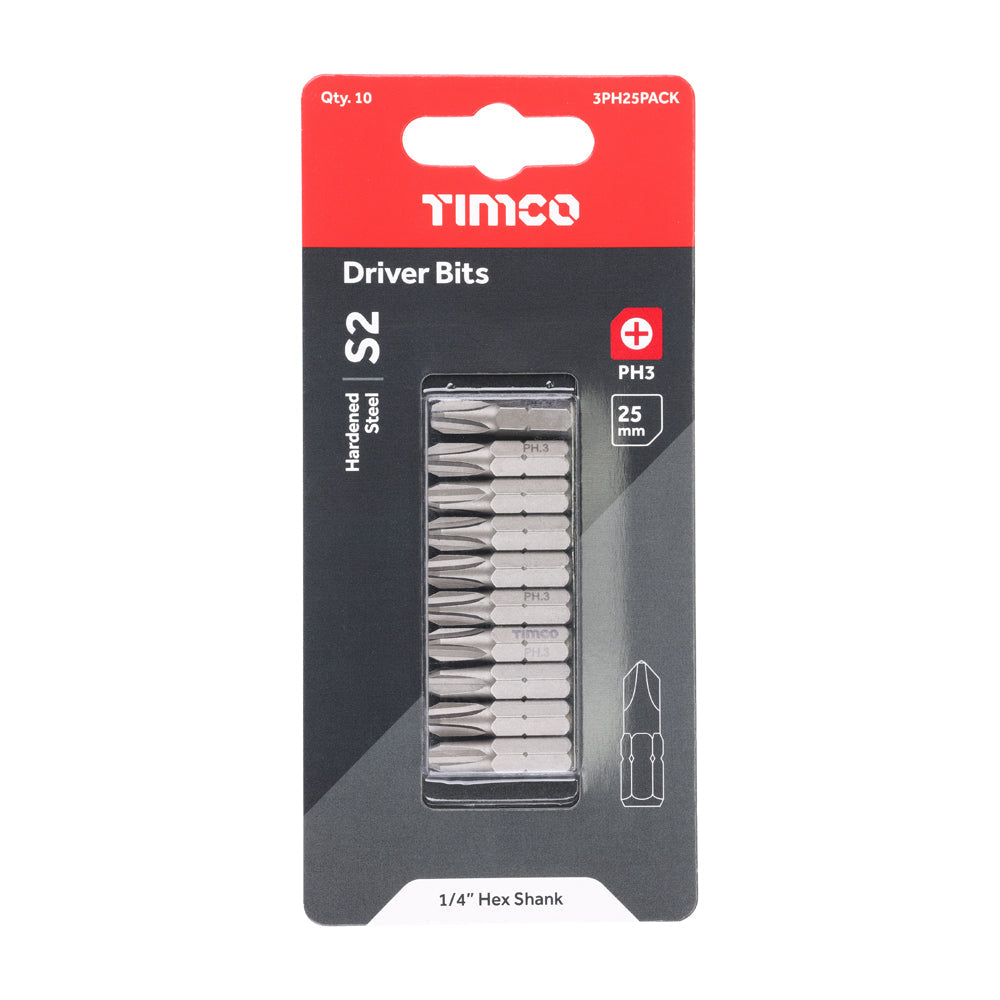 This is an image of Timco - S2 Driver Bits - PH No.3 x 25 (10 Pieces Blister Pack) 3PH25PACK