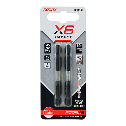 This is an image of Timco - Impact Driver Bits - PH - Double Ended No.3 x 65 (2 Pieces Blister Pack) 3PH65X6