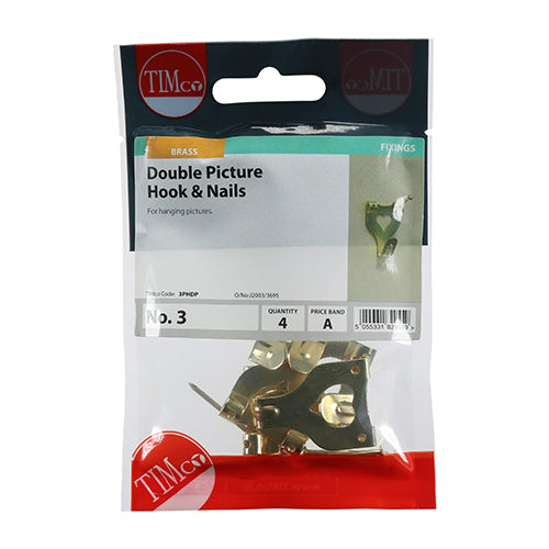 This is an image of Timco - Picture Hanging Hooks - Double - Electro Brass No.3 Double - (4 PCS TIMpac) 3PHDP