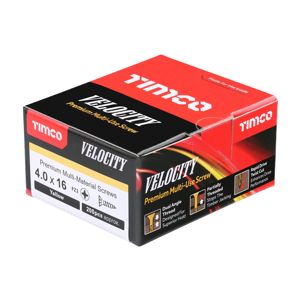 This is an image of Timco - Velocity Premium Multi-Use Screws - PZ - Double Countersunk - Yellow 4.0 x 16mm - (200 PCS Box) 40016VY