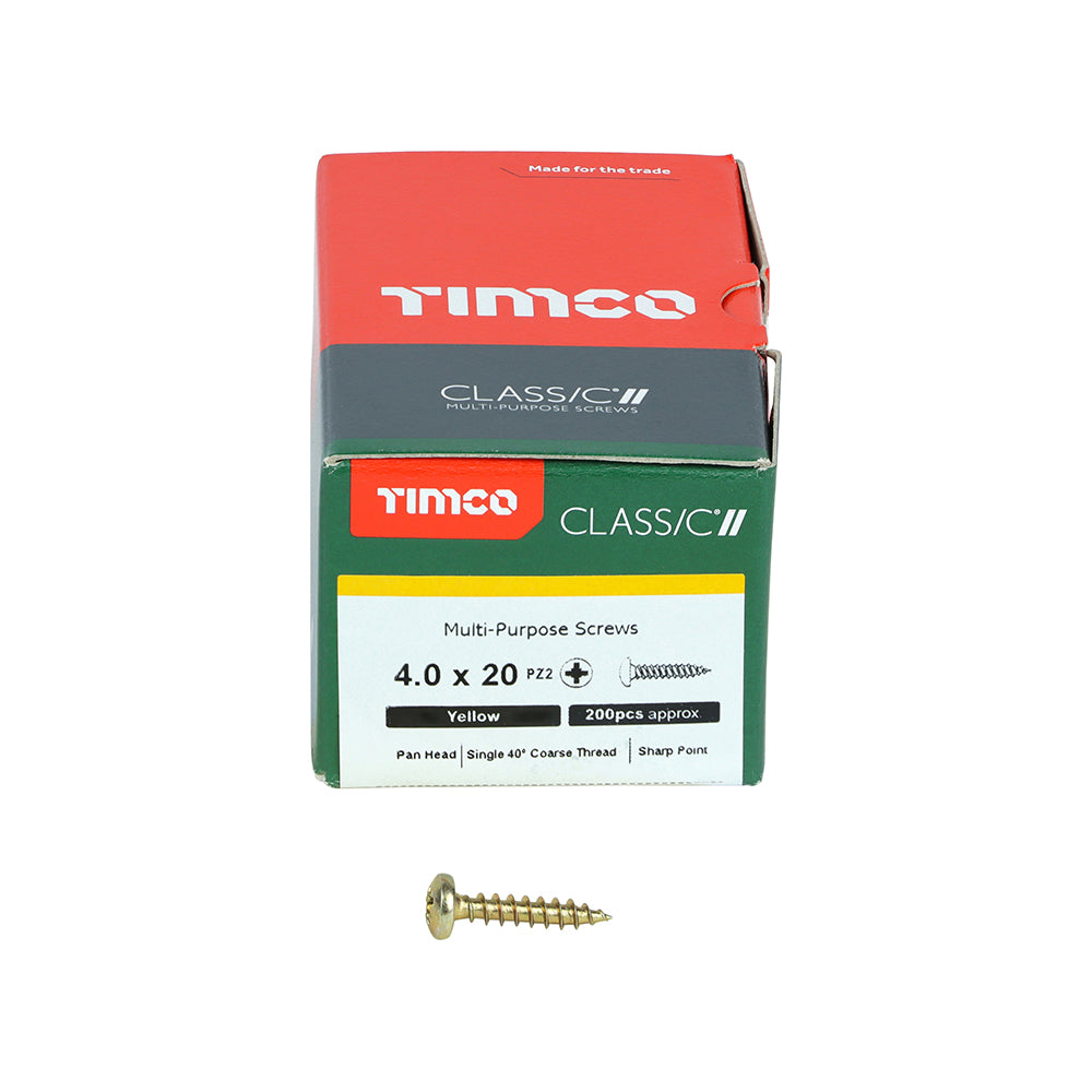 This is an image of Timco - Classic Multi-Purpose Screws - PZ - Pan Head - Yellow 4.0 x 20mm - (200 PCS Box) 40020CLAP