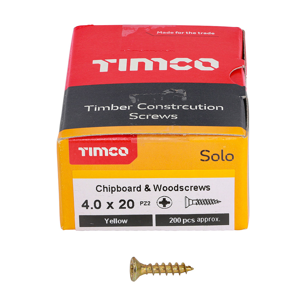This is an image of Timco - Solo Chipboard & Woodscrews - PZ - Double Countersunk - Yellow 4.0 x 20mm - (200 PCS Box) 40020SOLOC