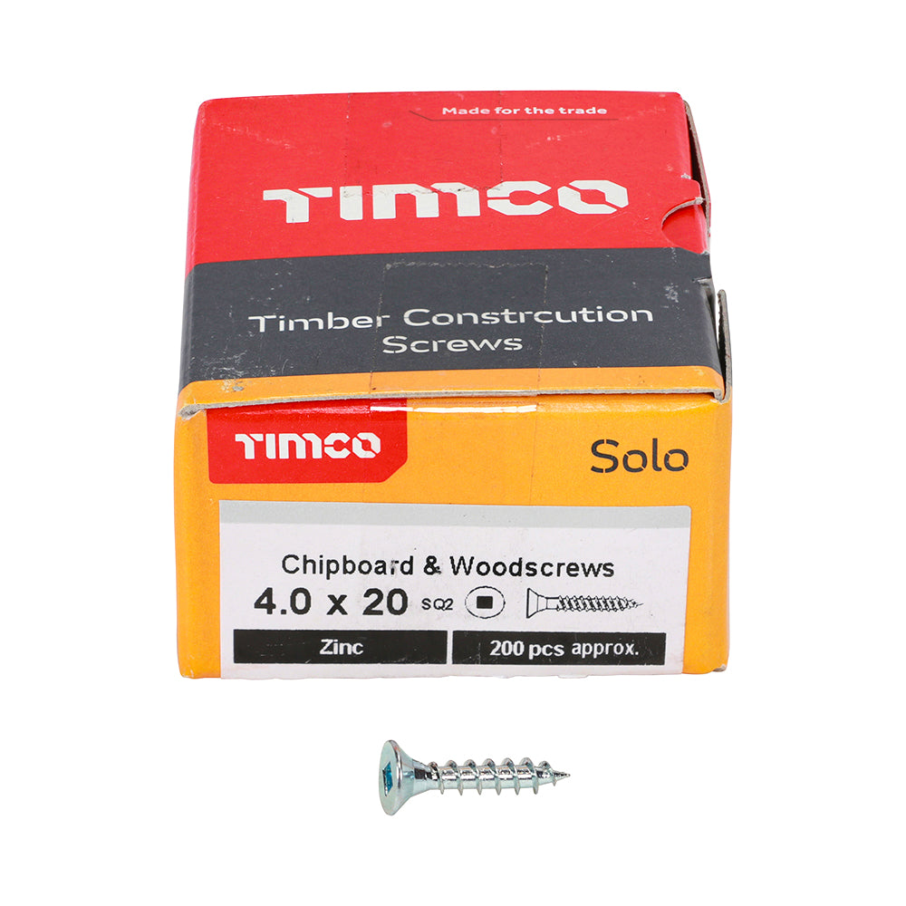 This is an image of Timco - Solo Chipboard & Woodscrews - SQ - Double Countersunk - Zinc 4.0 x 20mm - (200 PCS Box) 40020SQSZ