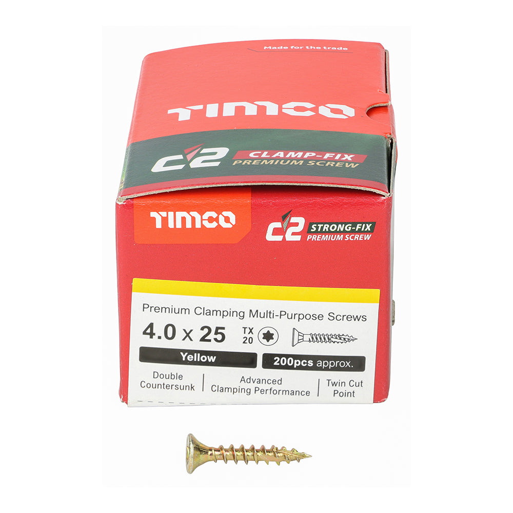 This is an image of Timco - C2 Clamp-Fix Screws - TX - Double Countersunk with Ribs - Twin-Cut - Yellow 4.0 x 25mm - (200 PCS Box) 40025C2C