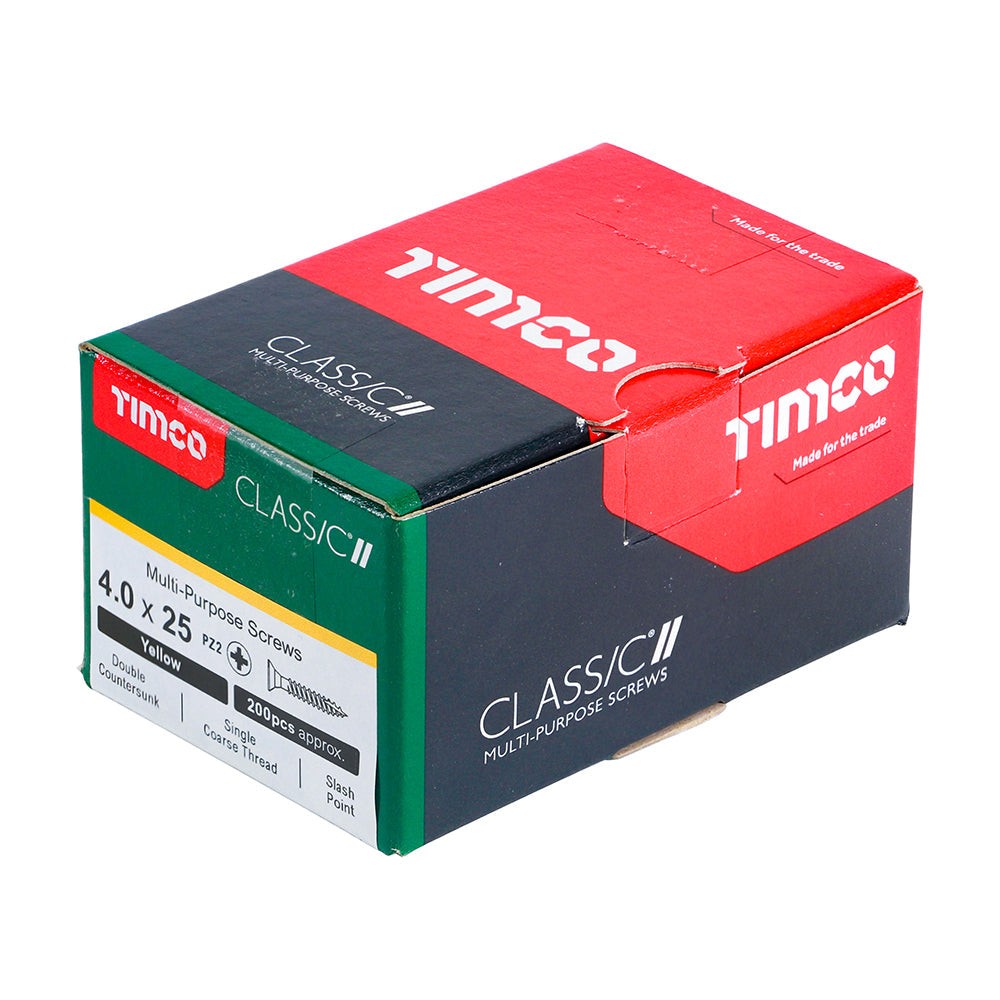 This is an image of Timco - Classic Multi-Purpose Screws - PZ - Double Countersunk - Yellow 4.0 x 25mm - (200 PCS Box) 40025CLAF