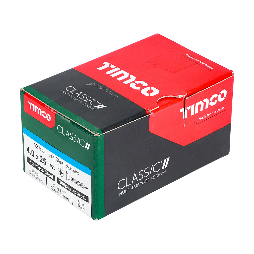 This is an image of Timco - Classic Multi-Purpose Screws - PZ - Double Countersunk - A2 Stainless Steel 4.0 x 25mm - (200 PCS Box) 40025CLASS