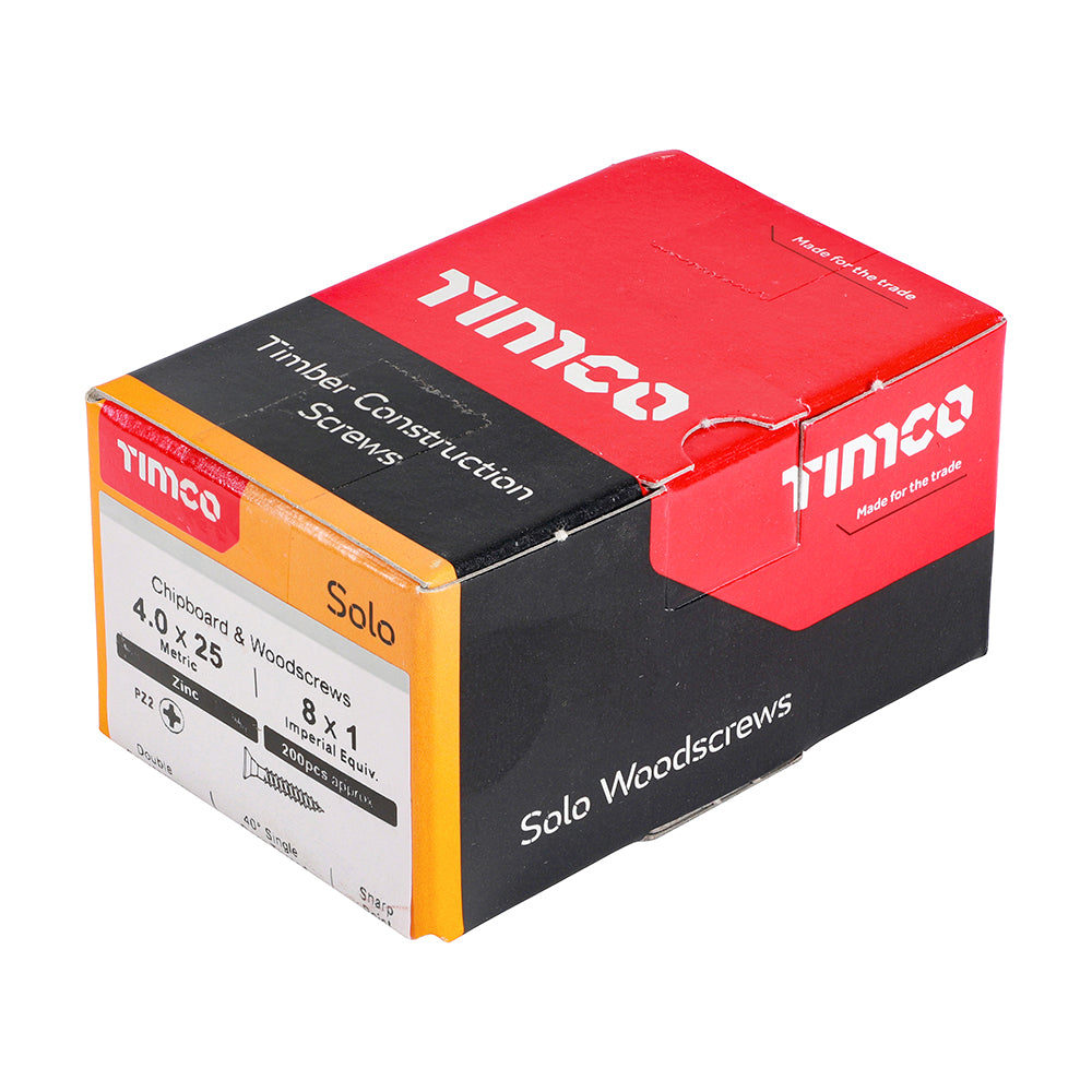 This is an image of Timco - Solo Chipboard & Woodscrews - PZ - Double Countersunk - Zinc 4.0 x 25mm - (200 PCS Box) 40025SOLOZ