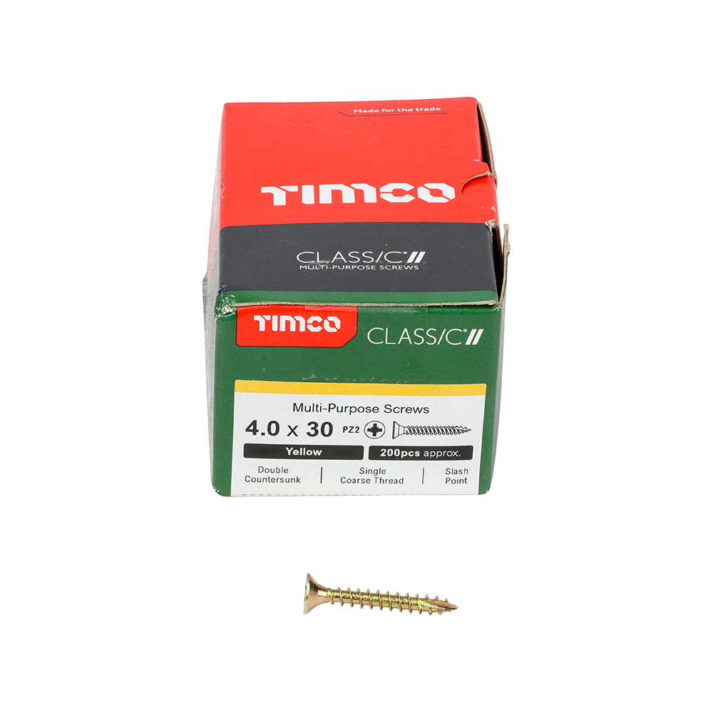 This is an image of Timco - Classic Multi-Purpose Screws - PZ - Double Countersunk - Yellow 4.0 x 30mm - (200 PCS Box) 40030CLAF