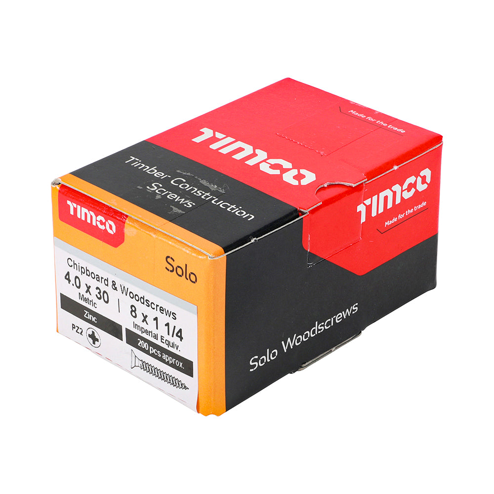 This is an image of Timco - Solo Chipboard & Woodscrews - PZ - Double Countersunk - Zinc 4.0 x 30mm - (200 PCS Box) 40030SOLOZ